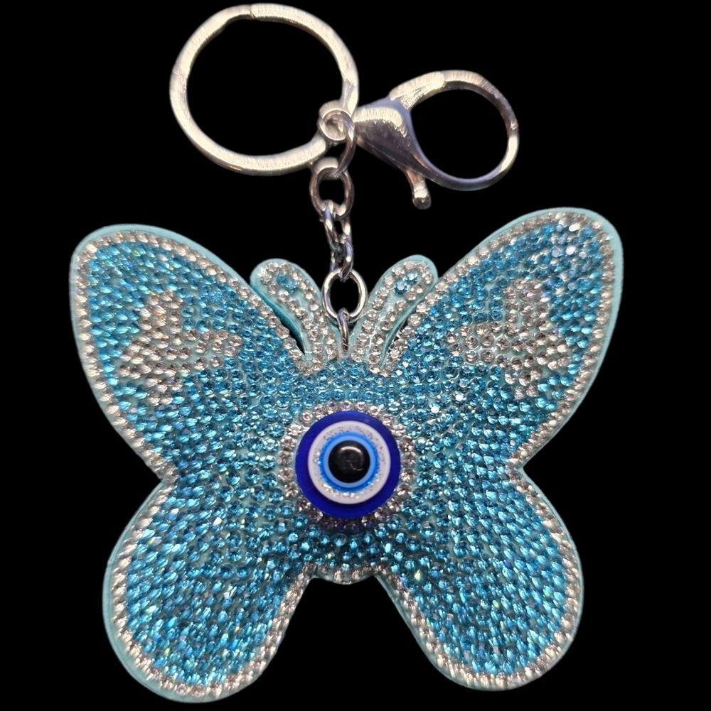 Blue Butterfly Bag Charm Keychain with Evil Eye